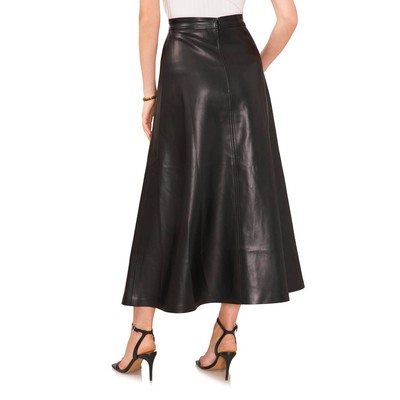 Women's Black Faux Leather A-Line Midi Skirt High Waist Elegant Vegan Leather Skirt