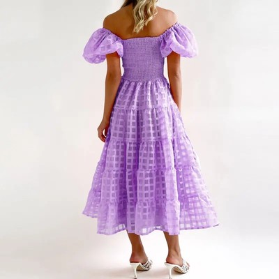 China Wholesale Off Shoulder Plain Color Puff Sleeve Shirred Clothing Women Casual Sexy Maxi Dresses