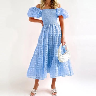 China Wholesale Off Shoulder Plain Color Puff Sleeve Shirred Clothing Women Casual Sexy Maxi Dresses