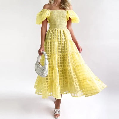 China Wholesale Off Shoulder Plain Color Puff Sleeve Shirred Clothing Women Casual Sexy Maxi Dresses