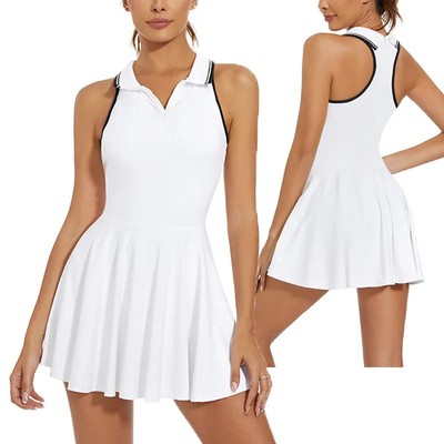 Custom Tennis Dress Skirts Inner Shorts Pockets Nylon Double 2 Layers V Collar Racer Back Golf Gym
